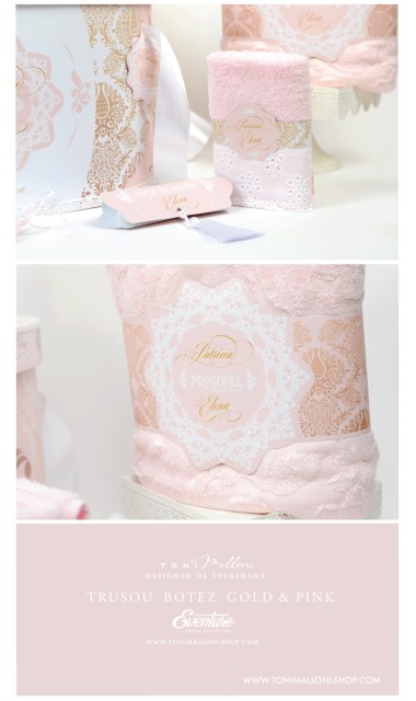 Trusou de botez clasic si elegant in nuante de alb, roz si auriu, Lacy 12